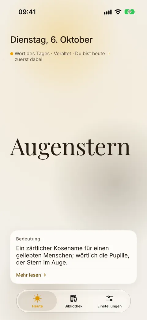 Die Heute-Seite der App mit dem Wort des Tages